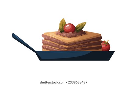 Italian lasagna on the pan. Italian food, healthy eating, cooking, recipes, restaurant menu concept. Vector illustration.