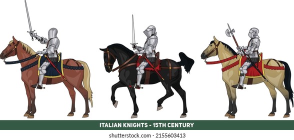 Italian Late Medieval Knights on Horseback in Armour and with Various Weapons, Illustration Isolated on White Background, EPS 10 Vector
