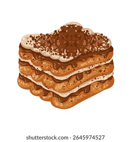 Italian layered tiramisu dessert with cocoa powder. Isolated hand drawn sweet food illustration for cafe menu, food packaging, Italian cuisine design, branding, bakery visuals, stickers