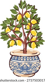 Italian lemon tree in ceramic pot. Ripe yellow lemons on branches, green leaves, decorative planter, Mediterranean garden scene, hand drawn style. Lemon decor icon, cartoon vector illustration.