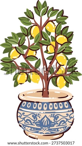 Italian lemon tree in ceramic pot. Ripe yellow lemons on branches, green leaves, decorative planter, Mediterranean garden scene, hand drawn style. Lemon decor icon, cartoon vector illustration.