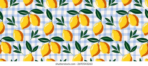 Italian lemon vector seamless pattern with green leaves on blue checkered background, rustic hand drawn citrus design