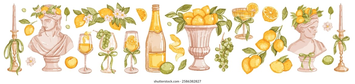 Italian lemon wedding decoration set, vector hand drawn watercolor mediterranean citrus floral print. Greek goddess statue, botanical invitation Amalfi design, wine glass bottle. Italian lemon clipart