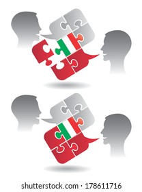 Italian lessons dialog Two students and Puzzle bubble talk with a Italian flag symbolizing Italian conversation and understanding.Vector illustration. 