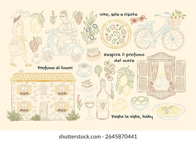 Italian lifestyle clipart set with hand drawn food, lemon, window, pizza, scooter, wine, cheese, house and summer quotes. Vintage Mediterranean vector illustrations for travel prints, cards.
