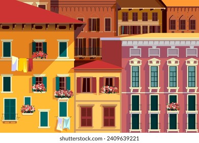 Pequeño pueblo italiano con antiguos edificios históricos. Ilustración de vector de dibujo hecha a mano.