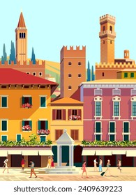 Italian little old town with old historic buildings in the first plan and castles and churches in the background. Handmade drawing vector illustration.