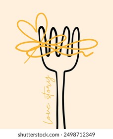 Italian Love Story. Funny Hand Drawn Vector Illustration with Fork and Pasta. Fork with Spahgetti of Heart Shape. Beige Background. Infantile Style Print with Traditional Italian Food.