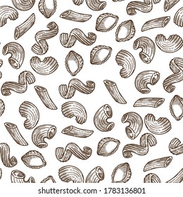 Italian macaroni, pasta fusilli rigatti and conchiglie, seamless pattern of organic ingredients. Culinary products, menu for restaurants and diners. Monochrome sketch outline, vector in flat style