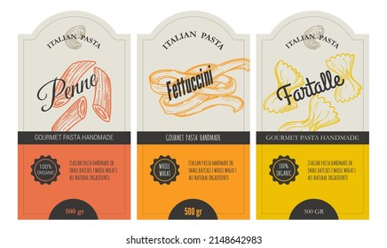 Italian macaroni types, labels for packages set. Penne and Fettuccine, Farfalle pasta. Organic and natural product, gourmet ingredient for cooking dishes. Handmade and tasty. Vector in flat style