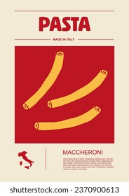 Italian macaroni types, labels for packages set. Maccheroni pasta. Organic and natural product, gourmet ingredient for cooking dishes. Handmade and tasty. Vector in flat style