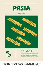 Italian macaroni types, labels for packages set. Girandole pasta. Organic and natural product, gourmet ingredient for cooking dishes. Handmade and tasty. Vector in flat style