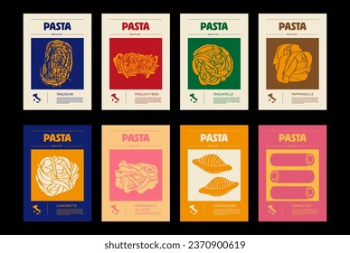 Italian macaroni types, labels for packages set. Fusilli Bucati Corti pasta. Organic and natural product, gourmet ingredient for cooking dishes. Handmade and tasty. Vector in flat style