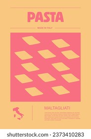 Italian macaroni types, labels for packages set. Maltagliati pasta. Organic and natural product, gourmet ingredient for cooking dishes. Handmade and tasty. Vector in flat style