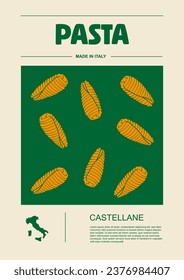 Italian macaroni types, labels for packages set. Castellane pasta. Organic and natural product, gourmet ingredient for cooking dishes. Handmade and tasty. Vector in flat style