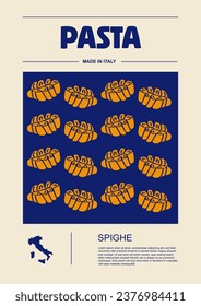 Italian macaroni types, labels for packages set. Spighe pasta. Organic and natural product, gourmet ingredient for cooking dishes. Handmade and tasty. Vector in flat style