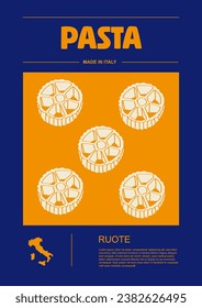 Italian macaroni types, labels for packages set. Ruote pasta. Organic and natural product, gourmet ingredient for cooking dishes. Handmade and tasty. Vector in flat style