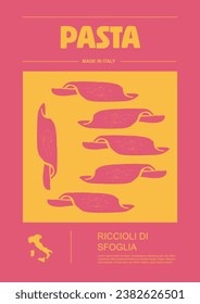 Italian macaroni types, labels for packages set. Riccioli di sfoglia pasta. Organic and natural product, gourmet ingredient for cooking dishes. Handmade and tasty. Vector in flat style