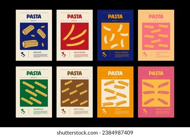 Italian macaroni types, labels for packages set. Rigatoni, maccheroni, fusilli, spirale, bucati, corti, girandole, pinnate pasta. Organic and natural product, gourmet ingredient for cooking dishes.