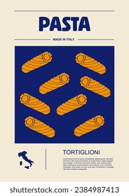 Italian macaroni types, labels for packages set. Tortiglioni pasta. Organic and natural product, gourmet ingredient for cooking dishes. Handmade and tasty. Vector in flat style