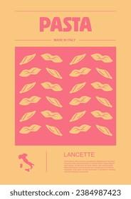 Italian macaroni types, labels for packages set. Lancette pasta. Organic and natural product, gourmet ingredient for cooking dishes. Handmade and tasty. Vector in flat style