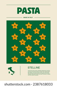 Italian macaroni types, labels for packages set. Stelline pasta. Organic and natural product, gourmet ingredient for cooking dishes. Handmade and tasty. Vector in flat style