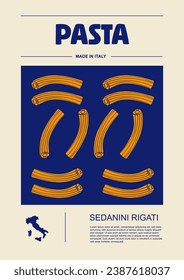 Italian macaroni types, labels for packages set. Sedanini rigati pasta. Organic and natural product, gourmet ingredient for cooking dishes. Handmade and tasty. Vector in flat style