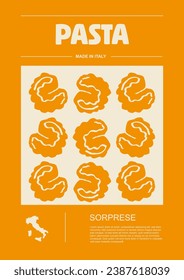 Italian macaroni types, labels for packages set. Sorprese pasta. Organic and natural product, gourmet ingredient for cooking dishes. Handmade and tasty. Vector in flat style