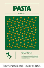 Italienische Makkaroni-Typen, Etiketten für Pakete Set. Grattoni Nudeln. Bio- und Naturprodukt, Feinkostzutat zum Kochen. Handgefertigt und lecker. Vektorgrafik im Flachstil