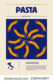 Italian macaroni types, labels for packages set. Gramigna pasta. Organic and natural product, gourmet ingredient for cooking dishes. Handmade and tasty. Vector in flat style