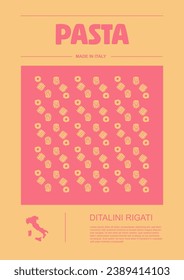 Italian macaroni types, labels for packages set. Ditalini rigati pasta. Organic and natural product, gourmet ingredient for cooking dishes. Handmade and tasty. Vector in flat style
