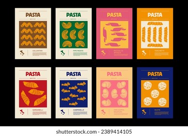 Italian macaroni types, labels for packages set. Torchietti, ruote, riccioli di sfoglia, pipe doppia rigatura, pipe rigate, campanelle, cellentani, garganelli pasta. Organic and natural product