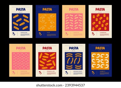 Italian macaroni types, labels for packages set. Tortiglioni, filini, lancette, canneroni, tempestine, pennoni lisci, sedanini rigati, gobbetti pasta. Organic and natural product