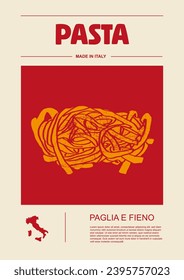 Italian macaroni types, labels for packages set. Paglia e fieno pasta. Organic and natural product, gourmet ingredient for cooking dishes. Handmade and tasty. Vector in flat style