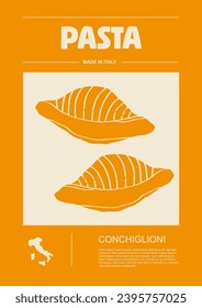 Italian macaroni types, labels for packages set. Conchiglioni pasta. Organic and natural product, gourmet ingredient for cooking dishes. Handmade and tasty. Vector in flat style