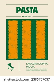 Italian macaroni types, labels for packages set. Lasagna doppia riccia pasta. Organic and natural product, gourmet ingredient for cooking dishes. Handmade and tasty. Vector in flat style