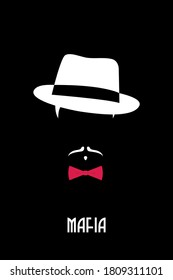 Hombre de la Mafia italiana. Emblema de gangster. Persona con sombrero fedora y corbata de arco rojo. Plantilla de diseño de vectores.