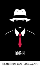 Italian Mafioso. Chicago mobster. Genleman with white fedora hat and red tie. Black and white vector illustration.