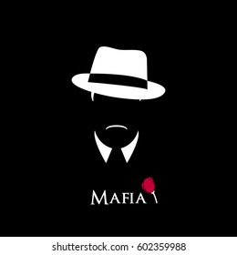 Italian Mafioso. Illustration Man with a hat, mustache and collar. Black and white vector illustration.