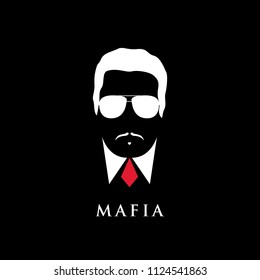 Italian Mafioso portrait. Man with mustache and sunglasses. Black and white vector illustration.