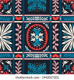 Italian majolica tile. Embroidery with flowers and leaves. Mediterranean porcelain pottery. Ceramic dishes, folk print. Mexican Talavera. Portuguese azulejo, spanish patchwork. Damask floral backgroun