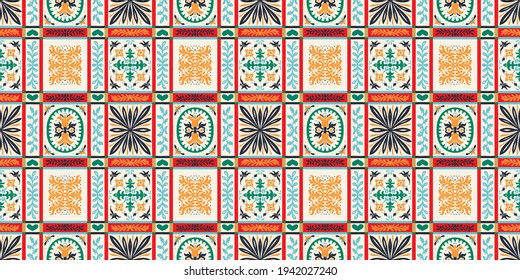 Italian majolica tile. Embroidery with flowers and leaves. Mediterranean porcelain pottery. Ceramic dishes, folk print. Mexican Talavera. Portuguese azulejo, spanish patchwork. Damask floral backgroun