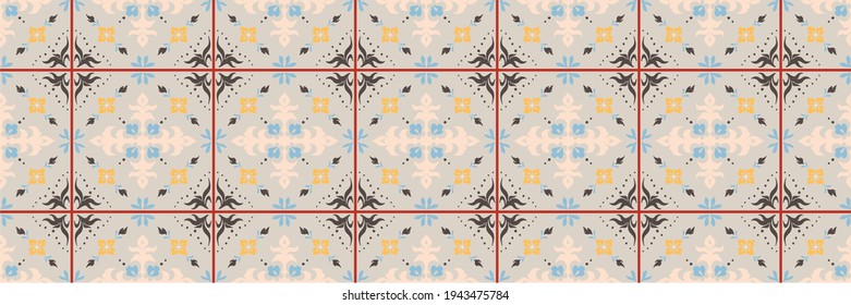 Italian majolica tile. Embroidery with flowers and leaves. Mediterranean porcelain pottery. Ceramic dishes, folk print. Mexican Talavera. Portuguese azulejo, spanish patchwork. Damask floral backgroun