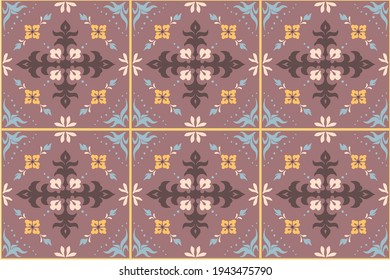 Italian majolica tile. Embroidery with flowers and leaves. Mediterranean porcelain pottery. Ceramic dishes, folk print. Mexican Talavera. Portuguese azulejo, spanish patchwork. Damask floral backgroun