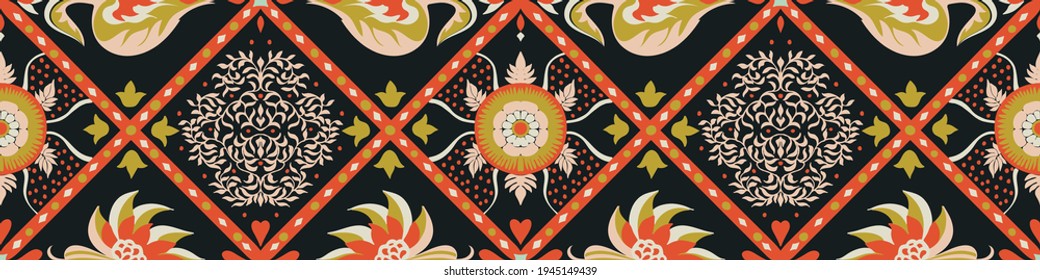 Italian majolica tile. Embroidery with flowers and leaves. Mediterranean porcelain pottery. Ceramic dishes, folk print. Mexican Talavera. Portuguese azulejo, spanish patchwork. Damask floral backgroun