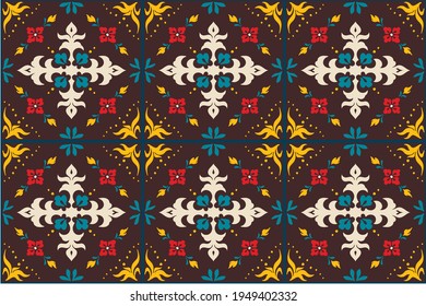 Italian majolica tile. Embroidery with flowers and leaves. Mediterranean porcelain pottery. Ceramic dishes, folk print. Mexican Talavera. Portuguese azulejo, spanish patchwork. Damask floral backgroun