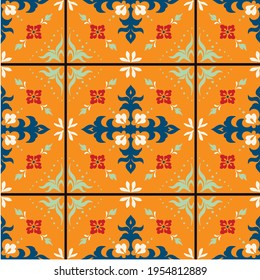 Italian majolica tile. Embroidery with flowers and leaves. Mediterranean porcelain pottery. Ceramic dishes, folk print. Mexican Talavera. Portuguese azulejo, spanish patchwork. Damask floral backgroun