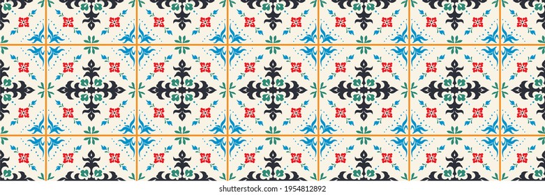 Italian majolica tile. Embroidery with flowers and leaves. Mediterranean porcelain pottery. Ceramic dishes, folk print. Mexican Talavera. Portuguese azulejo, spanish patchwork. Damask floral backgroun