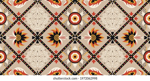 Italian majolica tile. Embroidery with flowers and leaves. Mediterranean porcelain pottery. Ceramic dishes, folk print. Mexican Talavera. Portuguese azulejo, spanish patchwork. Damask floral backgroun