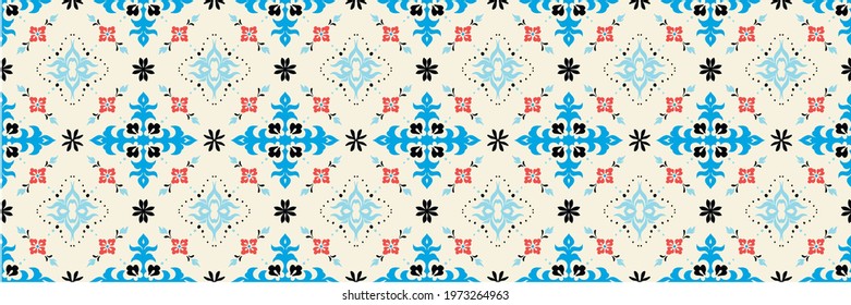 Italian majolica tile. Embroidery with flowers and leaves. Mediterranean porcelain pottery. Ceramic dishes, folk print. Mexican Talavera. Portuguese azulejo, spanish patchwork. Damask floral backgroun